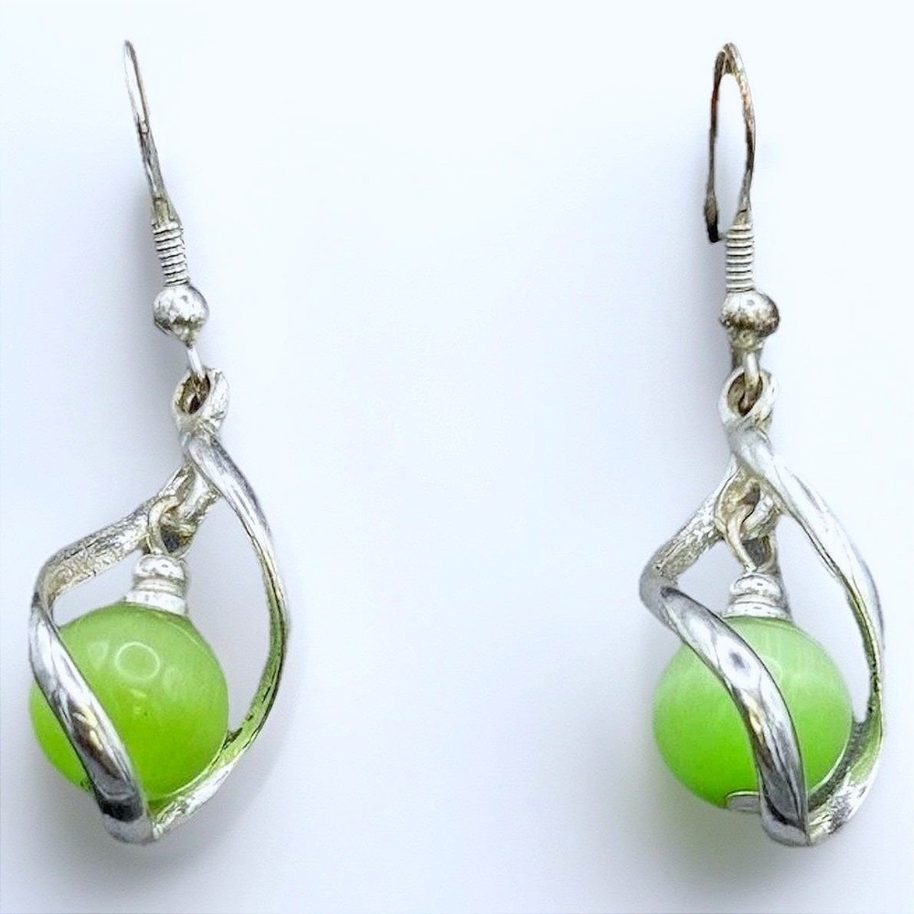 Vintage Silver Green Stone Ball Dangle Hook Earrings Y2K 90s 2000s Statement